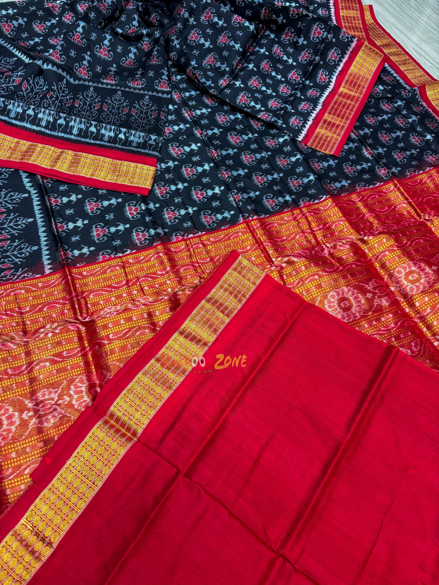 Black red Sambalpuri half tissue pure silk saree