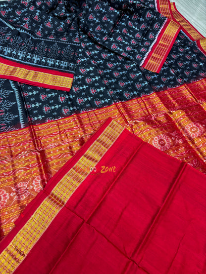 Black red Sambalpuri half tissue pure silk saree