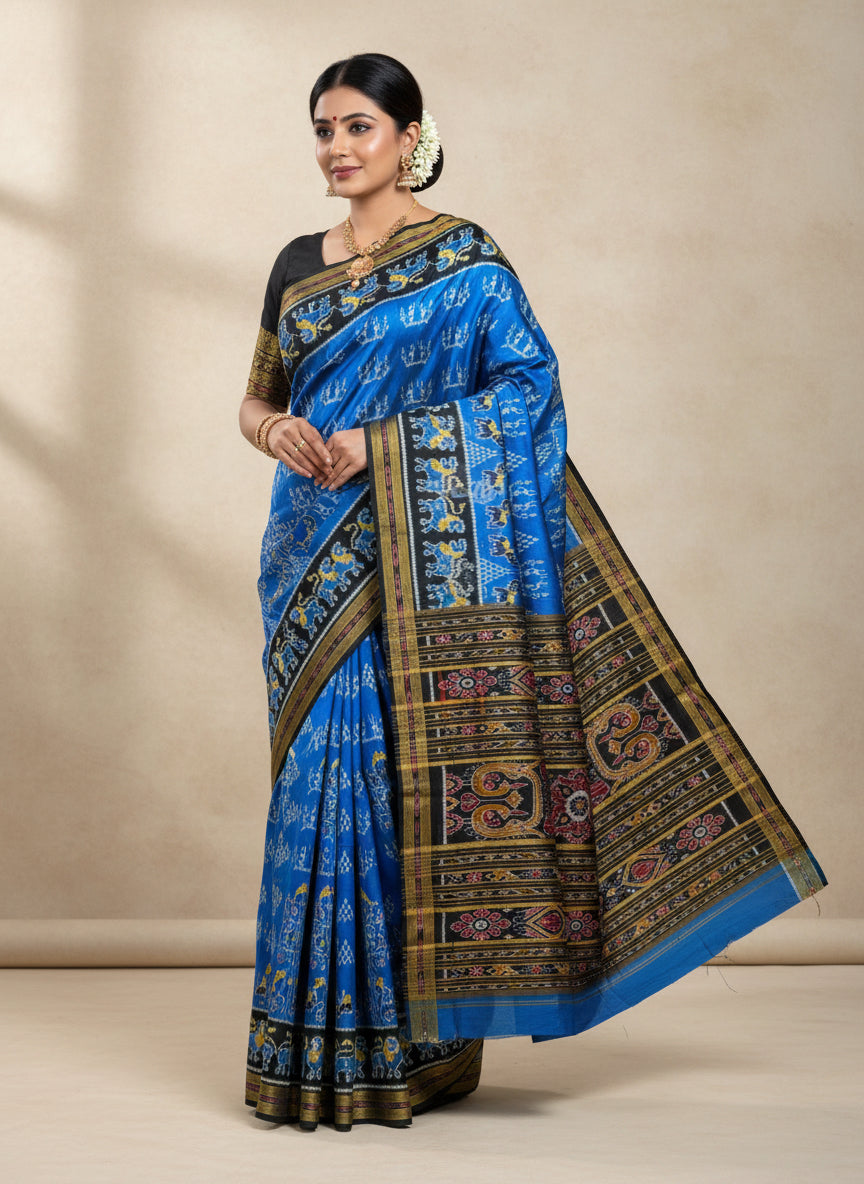 Lion scot with tribal khandua silk saree