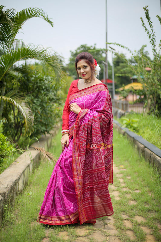 Pink with meroon khandua cotton saree