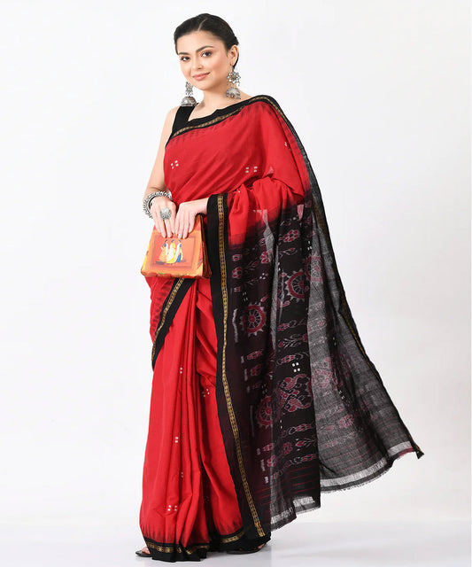 Red with black cotton saree