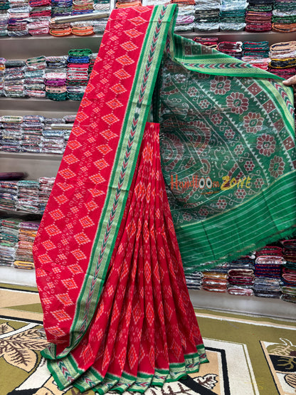 Red with green body pasapali khandua cotton saree