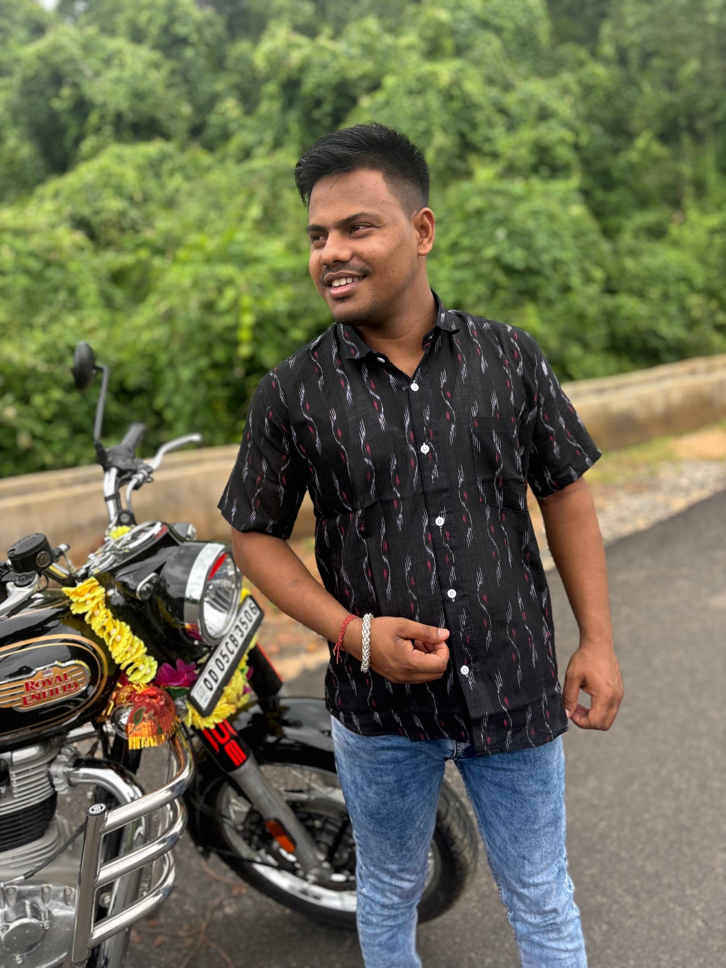 Black Ikat pure cotton Mens' Half Shirt