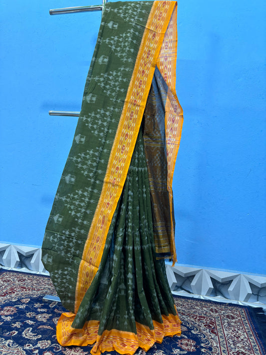Green with yellow khandua tribal cottonsaree