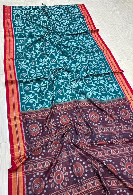 Green with red body flowers cotton saree