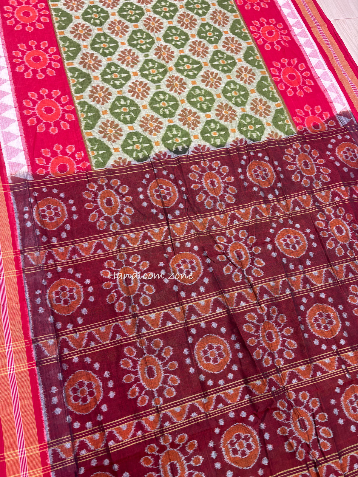 Mehendi green with red border flowers cotton saree
