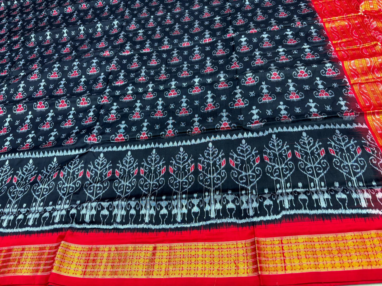 Black red Sambalpuri half tissue pure silk saree