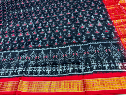 Black red Sambalpuri half tissue pure silk saree