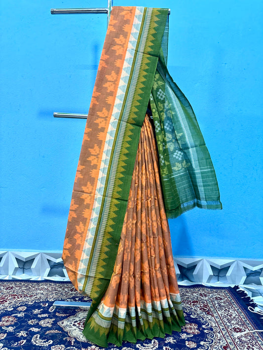 Orange with mehendi green star cotton saree
