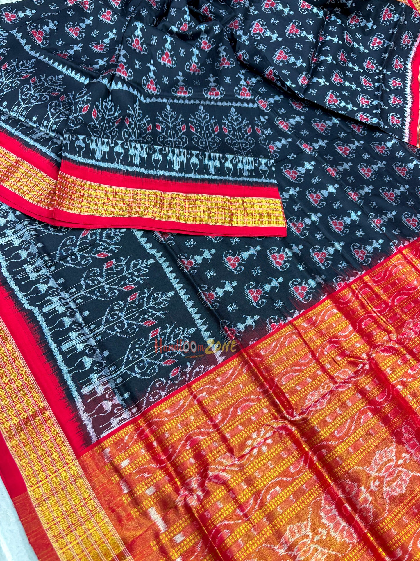 Black red Sambalpuri half tissue pure silk saree