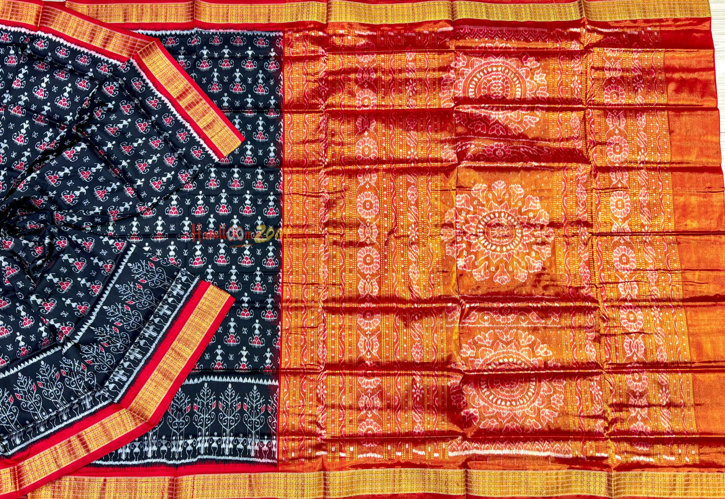 Black red Sambalpuri half tissue pure silk saree