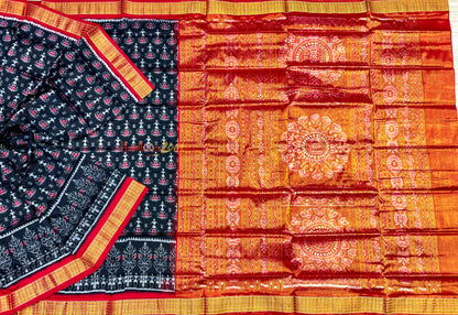 Black red Sambalpuri half tissue pure silk saree