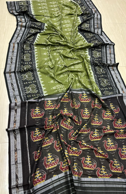 Mehendi with black boat anchal cotton saree