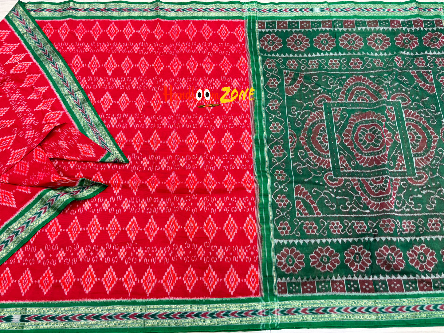 Red with green body pasapali khandua cotton saree