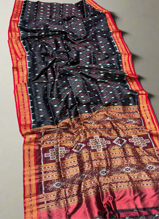 Black with red flowers khandua silk saree