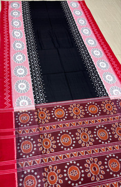 Black with red scot flowers cotton saree