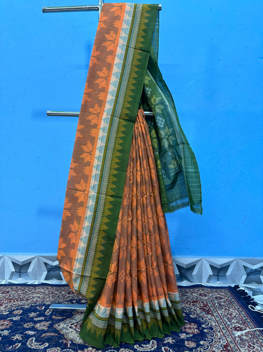 Orange with mehendi green star cotton saree