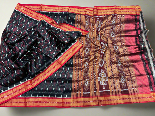 Black with red flowers khandua silk saree