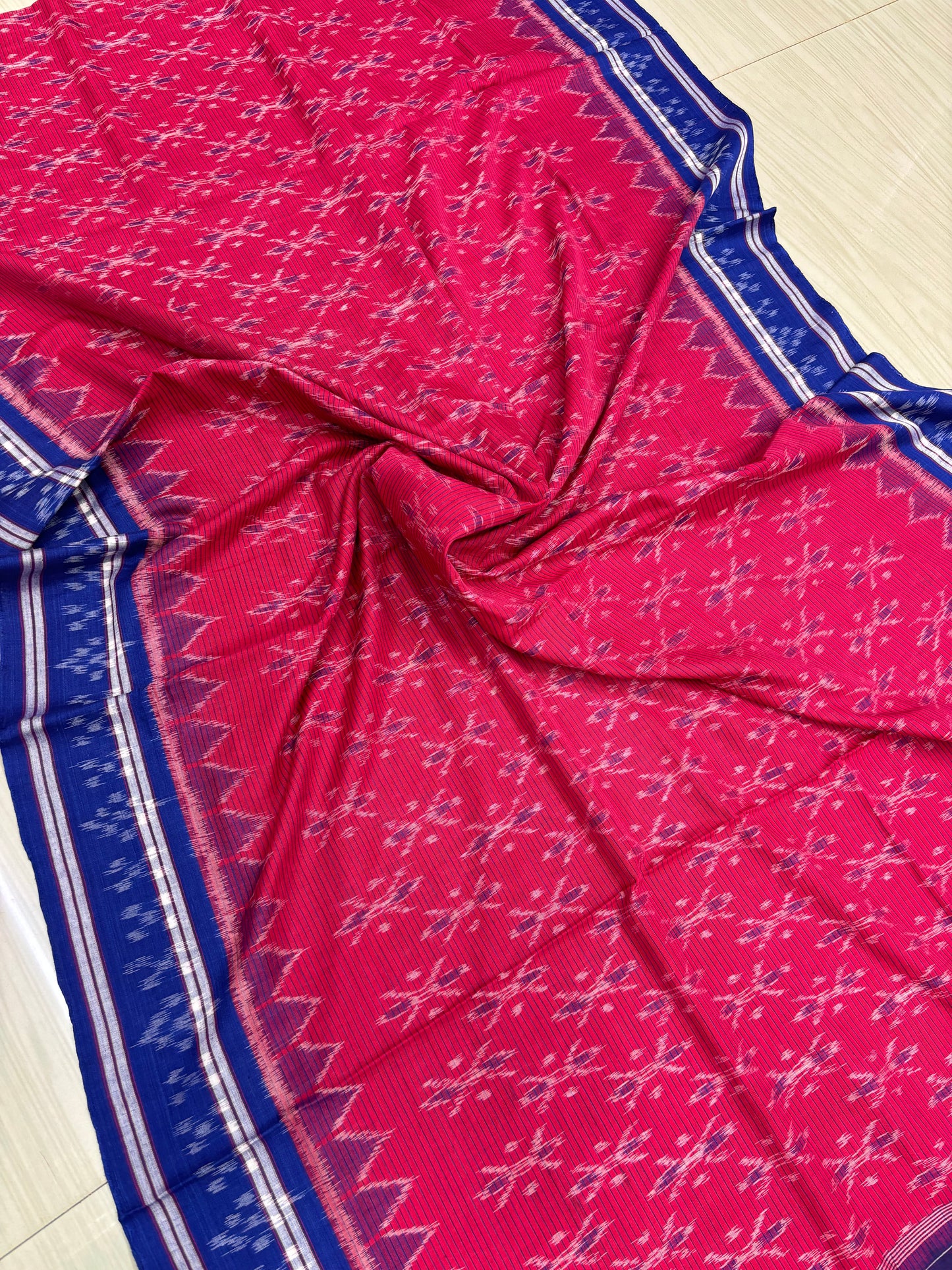 Red with blue border khandua cotton saree