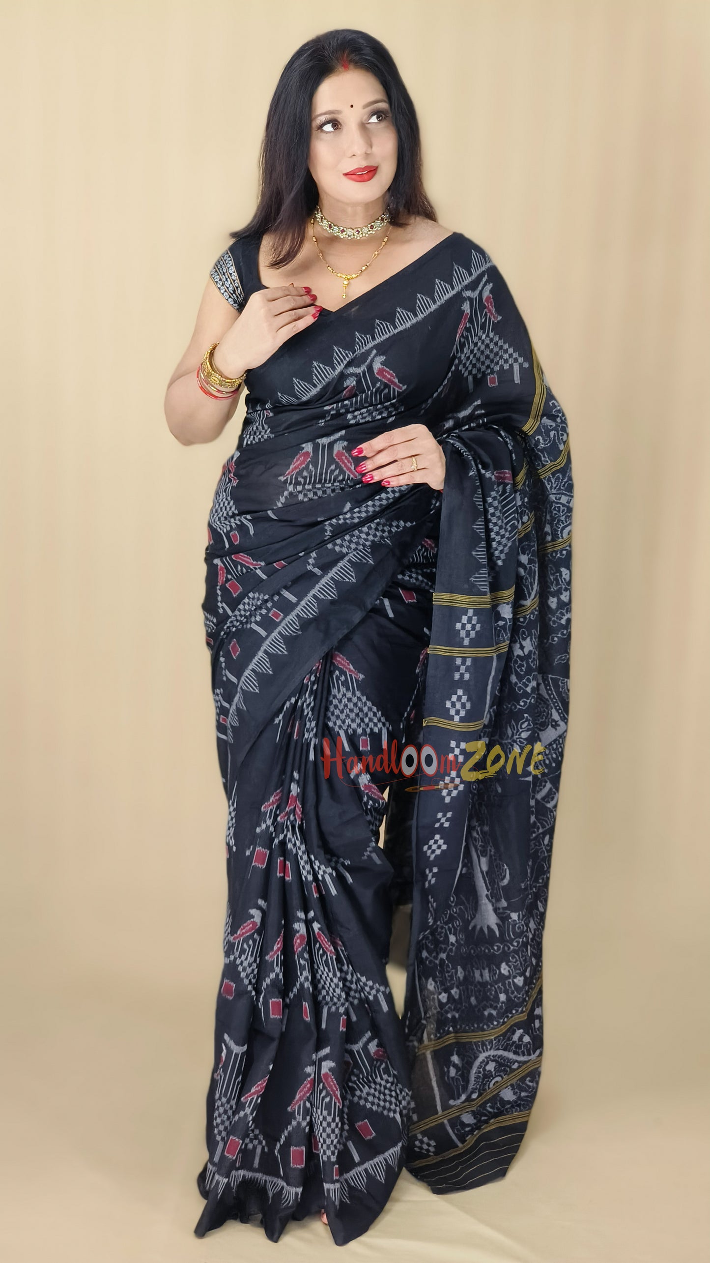 Contemporary black house khandua cotton saree