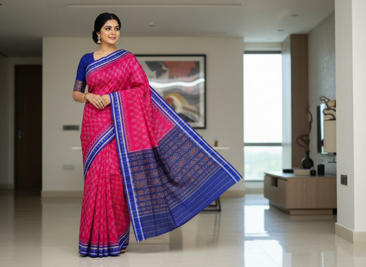 Red with blue border khandua cotton saree