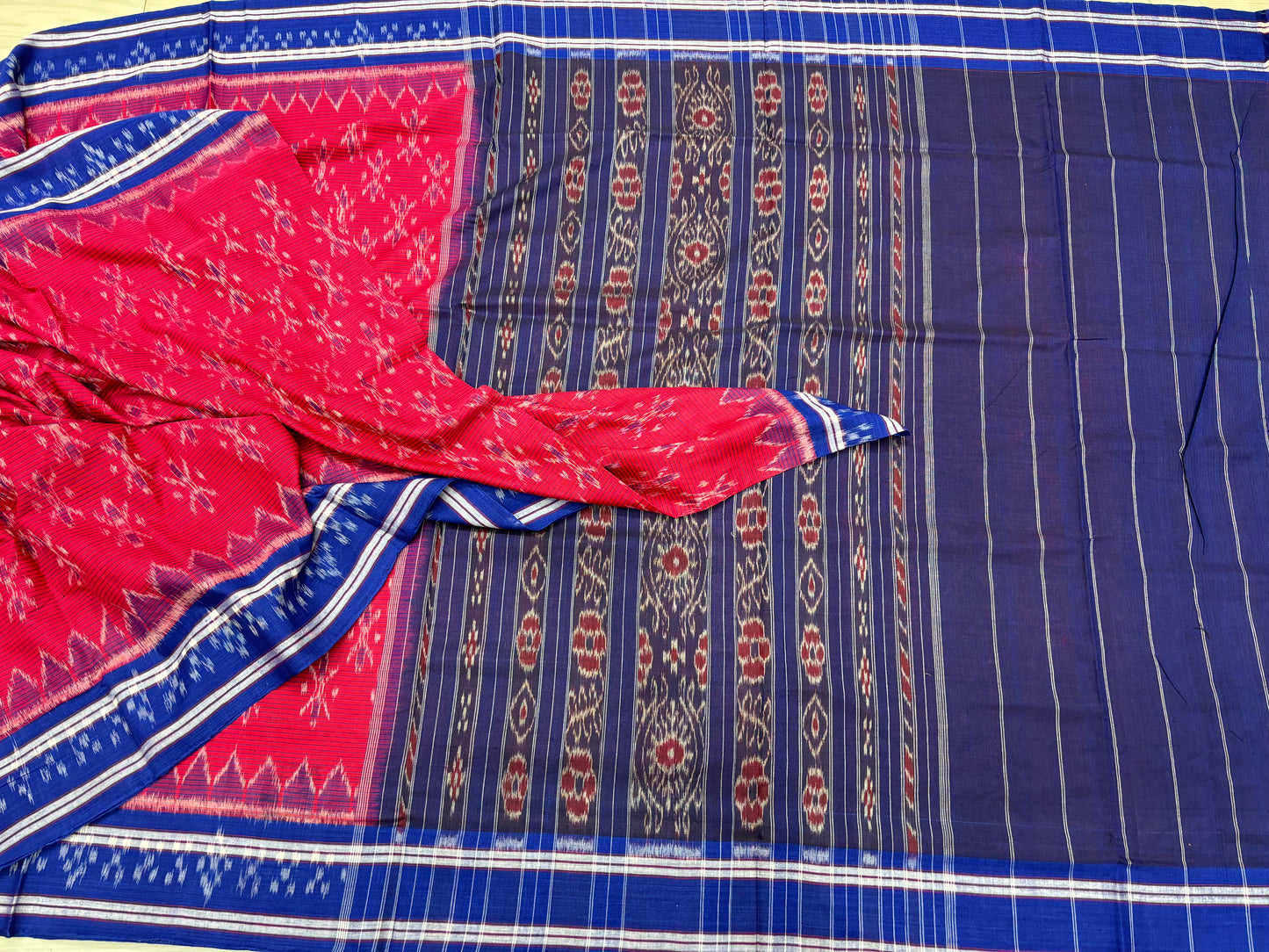 Red with blue border khandua cotton saree