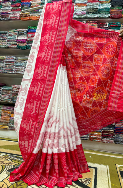 White red with boat border khandua cotton saree