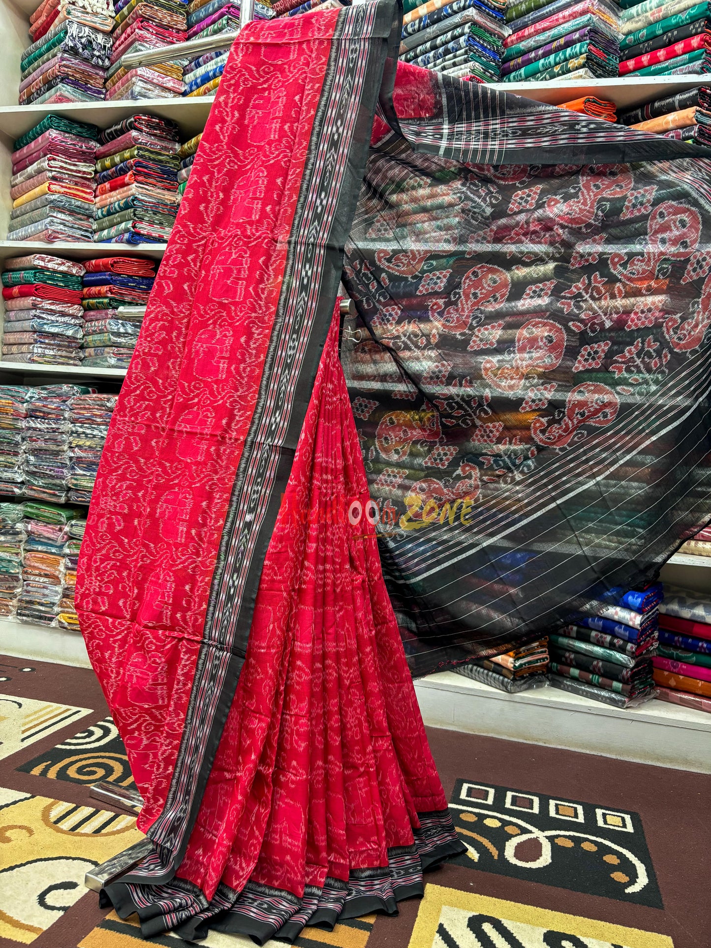 Red with black elephant khandua cotton saree