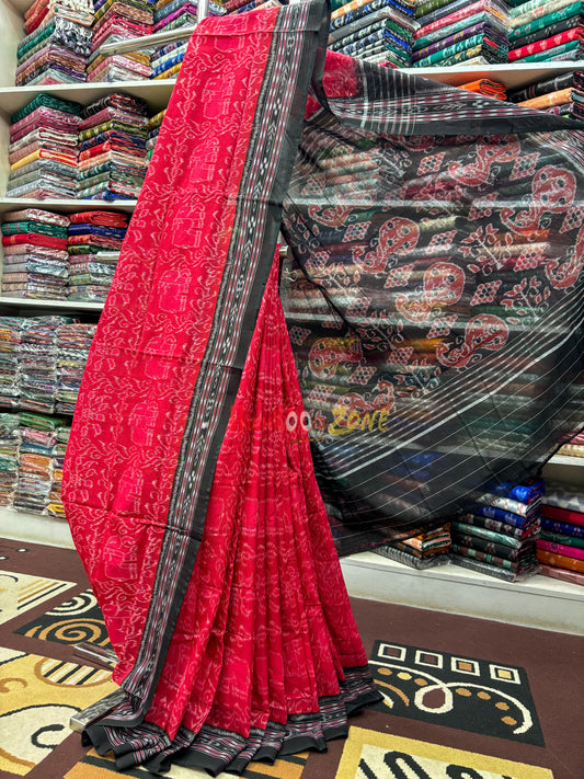 Red with black elephant khandua cotton saree