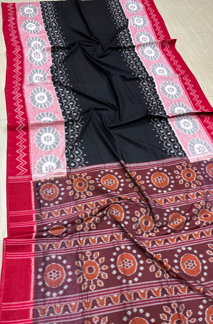 Black with red scot flowers cotton saree