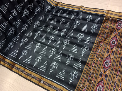 BLACK TRAIBAL CHITA KHANDUA SILK SAREE