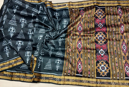 BLACK TRAIBAL CHITA KHANDUA SILK SAREE