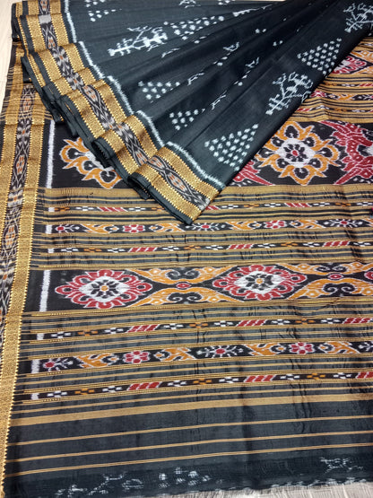BLACK TRAIBAL CHITA KHANDUA SILK SAREE