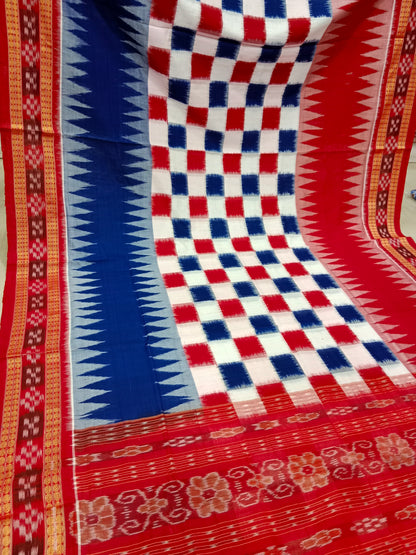 Blue red 3D Sambalpuri pasapali handloom cotton saree
