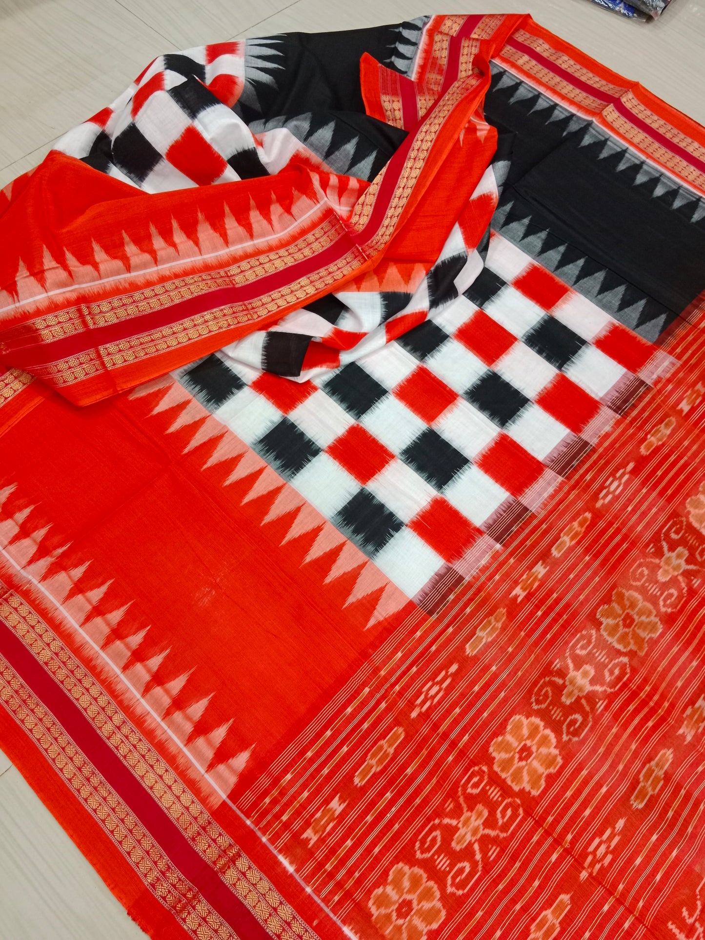 Orange black 3D pasapali cotton saree